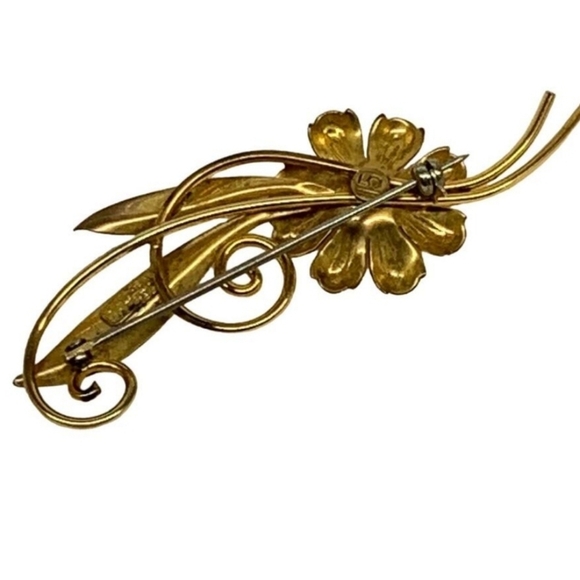 Flower Long Stem Brooch Two Tone 12KT Gold Pin Signed Van Dell Vintage - Picture 2 of 7